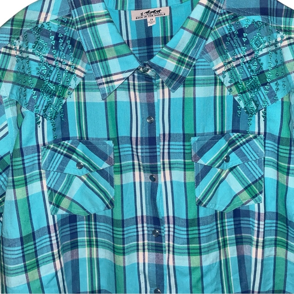 Back In The Saddle Western Plaid Embroidered Shoulder Snap Button Shirt Size 2X - Picture 3 of 5